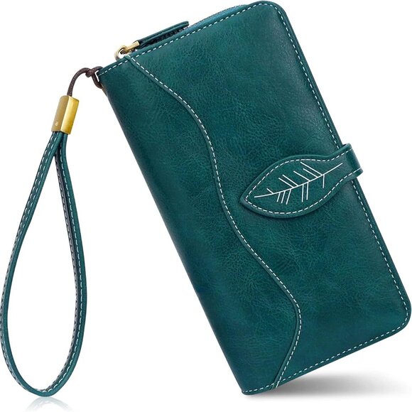 Large RFID Wallet Women Leather Clutch Credit Card Holder with Wristlet - Picture 1 of 7